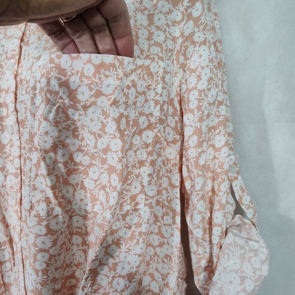 Lost Wander Button Up Tie Front Top Women Size S Pink White Floral 3/4 Sleeve - Picture 2 of 9